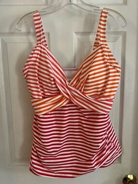 Lands' End Women's Chlorine Resistant V-Neck Wrap 14 DD Tankini Pink Orange